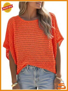 Crochet Batwing Short Sleeve Sweater Boat Neck Mesh Knit Beach Cover Up Top